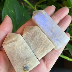 3 Peach Moonstone Crystal Towers. Various sizes. Blue flash crystals